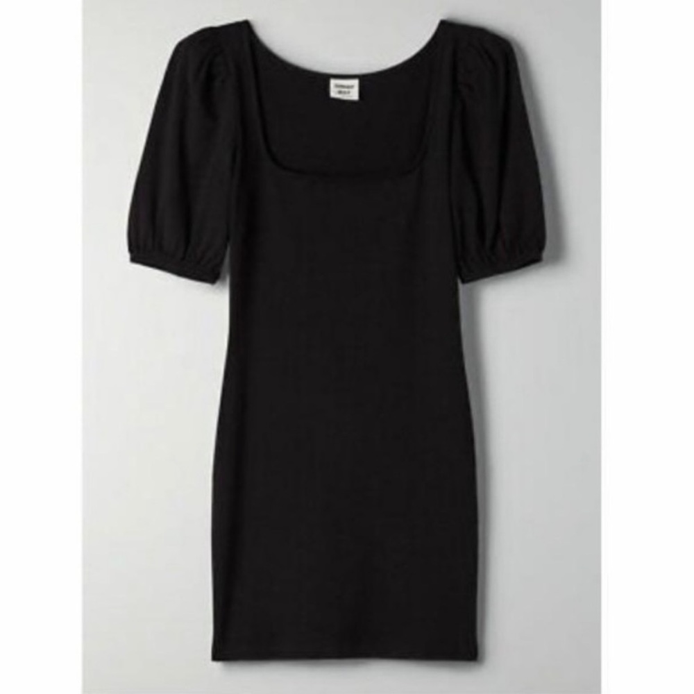 Aritzia Mini Dress Black Sunday Best Angel Puff Sleeve Ribbed Knit size L